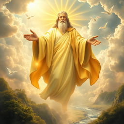 A breathtaking celestial scene depicting a magnificent vision of God in Heaven, surrounded by radiant light and ethereal clouds