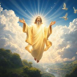 A breathtaking celestial scene depicting a magnificent vision of God in Heaven, surrounded by radiant light and ethereal clouds