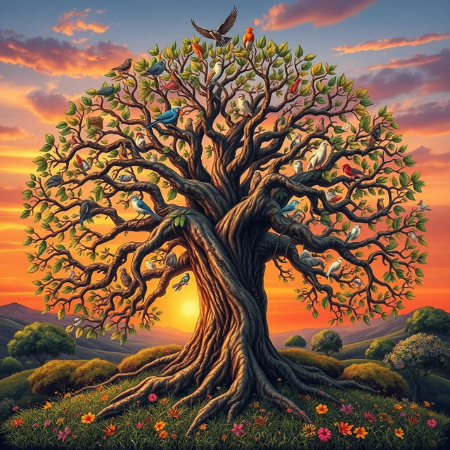 A detailed and intricate depiction of the Tree of Life, with sprawling branches and vibrant leaves that symbolize interconnectedness and harmony