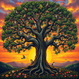 A detailed and intricate depiction of the Tree of Life, with sprawling branches and vibrant leaves that symbolize interconnectedness and harmony