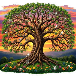 A detailed and intricate depiction of the Tree of Life, with sprawling branches and vibrant leaves that symbolize interconnectedness and harmony
