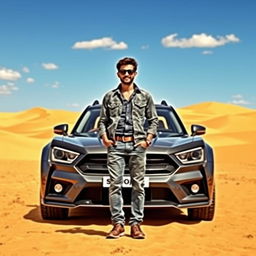A person standing confidently in front of a sleek Scorpio car, set against a stunning desert landscape
