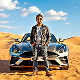 A person standing confidently in front of a sleek Scorpio car, set against a stunning desert landscape