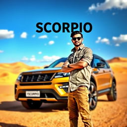 A person standing confidently in front of a sleek Scorpio car, set against a stunning desert landscape