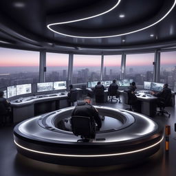 A bright, glass penthouse office imitating a SWAT control room with 4 officers at screens on an arc console plus another officer alone at a separate desk and screen. The design draws inspiration from the architecture in the provided link.