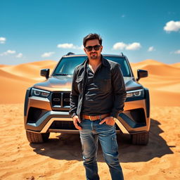 A person standing confidently in front of a sleek Scorpio car, set against a stunning desert landscape
