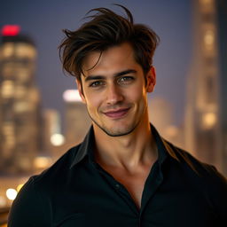 A sexually attractive man with a chiseled jawline and deep-set captivating eyes, wearing a fitted dark shirt that accentuates his strong physique