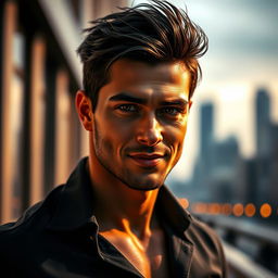 A sexually attractive man with a chiseled jawline and deep-set captivating eyes, wearing a fitted dark shirt that accentuates his strong physique