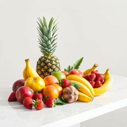 An elegant still life composition featuring a vibrant arrangement of assorted tropical fruits, including a ripe pineapple, vivid mangoes, luscious strawberries, and a bunch of ripe bananas, all beautifully displayed on a sleek, modern white marble table