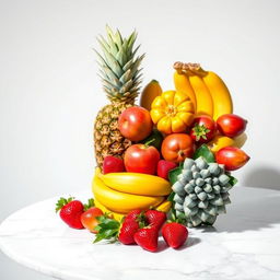 An elegant still life composition featuring a vibrant arrangement of assorted tropical fruits, including a ripe pineapple, vivid mangoes, luscious strawberries, and a bunch of ripe bananas, all beautifully displayed on a sleek, modern white marble table