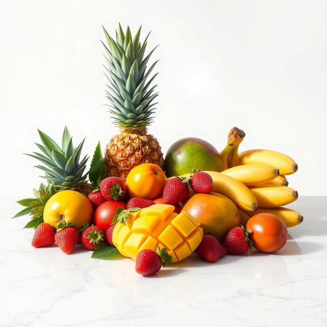 An elegant still life composition featuring a vibrant arrangement of assorted tropical fruits, including a ripe pineapple, vivid mangoes, luscious strawberries, and a bunch of ripe bananas, all beautifully displayed on a sleek, modern white marble table