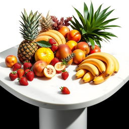 An elegant still life composition featuring a vibrant arrangement of assorted tropical fruits, including a ripe pineapple, vivid mangoes, luscious strawberries, and a bunch of ripe bananas, all beautifully displayed on a sleek, modern white marble table