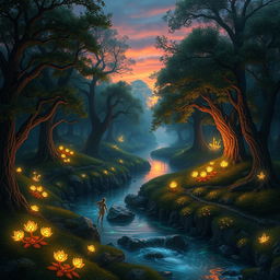 An enchanting fantasy landscape at dusk featuring a mystical forest with glowing bioluminescent plants, a gently flowing river reflecting the colors of the sunset, and ethereal creatures like fairies and mythical animals frolicking among the trees