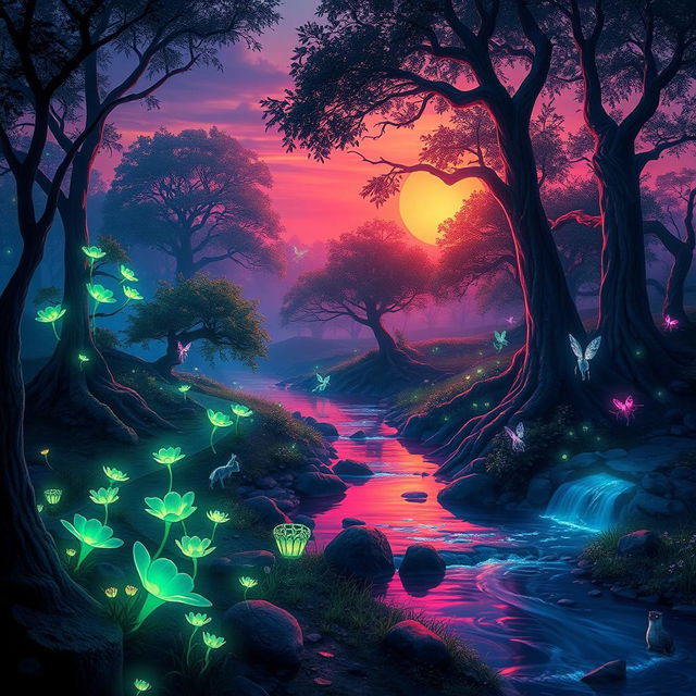 An enchanting fantasy landscape at dusk featuring a mystical forest with glowing bioluminescent plants, a gently flowing river reflecting the colors of the sunset, and ethereal creatures like fairies and mythical animals frolicking among the trees