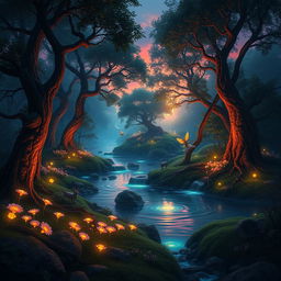 An enchanting fantasy landscape at dusk featuring a mystical forest with glowing bioluminescent plants, a gently flowing river reflecting the colors of the sunset, and ethereal creatures like fairies and mythical animals frolicking among the trees