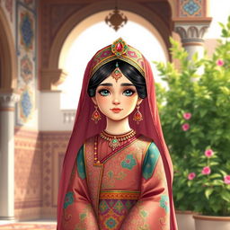 A beautiful illustration of a young Qajar Iranian girl, adorned in traditional attire with intricate patterns and vibrant colors