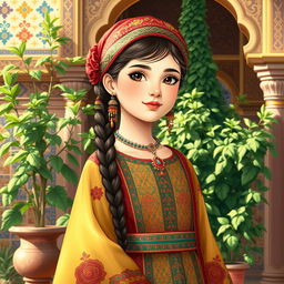 A beautiful illustration of a young Qajar Iranian girl, adorned in traditional attire with intricate patterns and vibrant colors