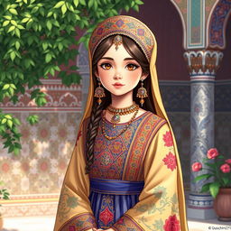 A beautiful illustration of a young Qajar Iranian girl, adorned in traditional attire with intricate patterns and vibrant colors