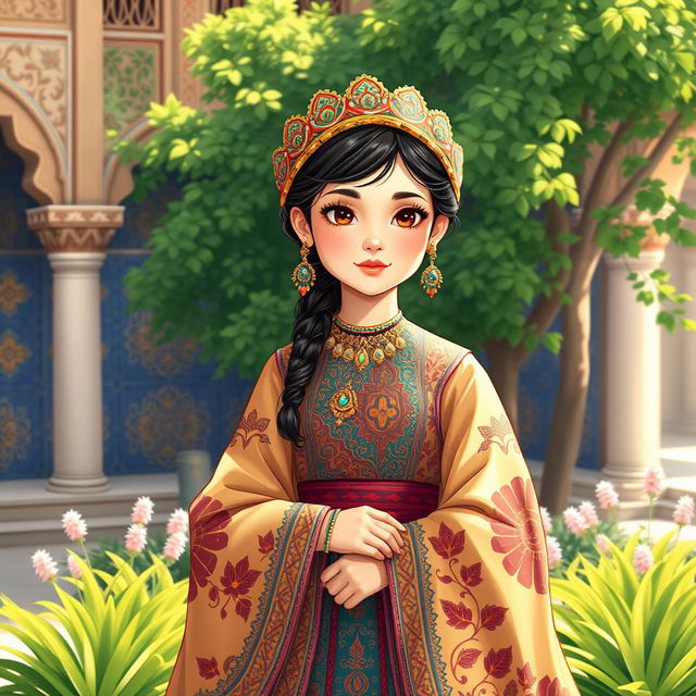 A beautiful illustration of a young Qajar Iranian girl, adorned in traditional attire with intricate patterns and vibrant colors