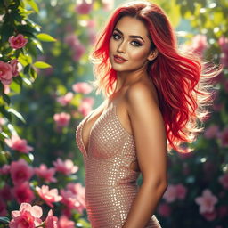A stunning, attractive model posing confidently, wearing a dazzling outfit that shimmers in the light
