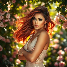A stunning, attractive model posing confidently, wearing a dazzling outfit that shimmers in the light