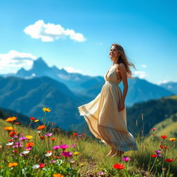 A stunning outdoor scene featuring a beautiful woman in a flowing summer dress standing on a grassy hill, surrounded by vibrant wildflowers in bloom