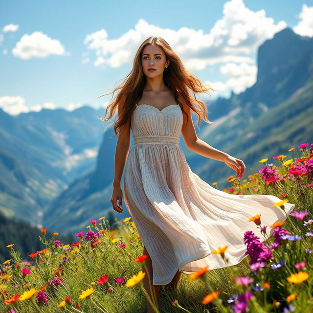 A stunning outdoor scene featuring a beautiful woman in a flowing summer dress standing on a grassy hill, surrounded by vibrant wildflowers in bloom