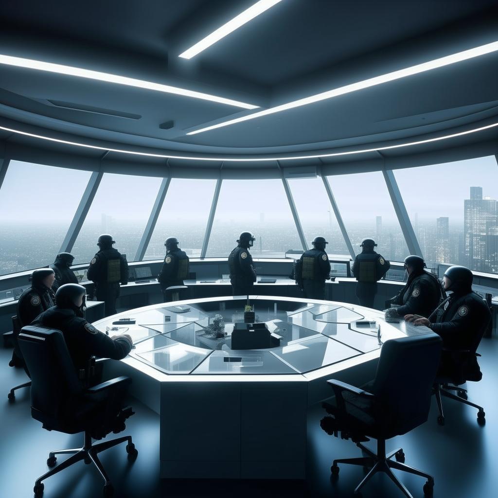 A bright, glass penthouse office imitating a SWAT control room with 4 officers at screens on an arc console plus another officer alone at a separate desk and screen. The design draws inspiration from the architecture in the provided link.