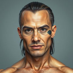 A portrait of a man with a wheat-like face featuring elongated eyebrows, black large penetrating eyes, and broad shoulders