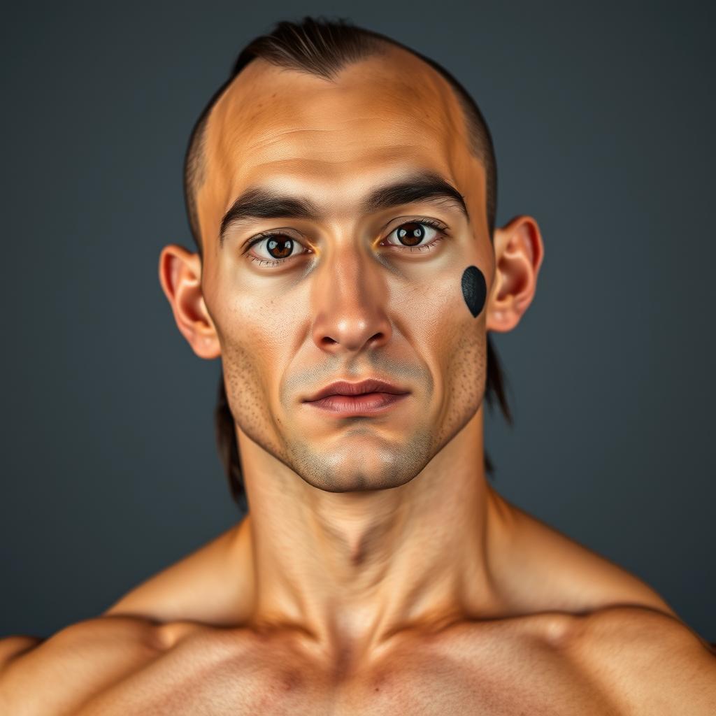 A portrait of a man with a wheat-like face featuring elongated eyebrows, black large penetrating eyes, and broad shoulders