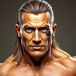 A portrait of a man with a wheat-like face featuring elongated eyebrows, black large penetrating eyes, and broad shoulders