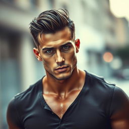 A sexually attractive man with a tall stature, strong physique and chiseled facial features