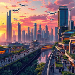 An advanced and intricate illustration of a futuristic city skyline at sunset