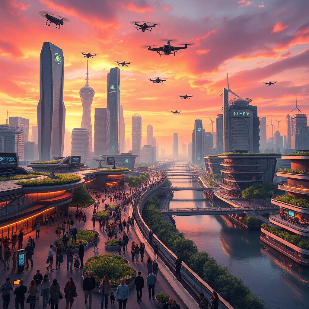 An advanced and intricate illustration of a futuristic city skyline at sunset