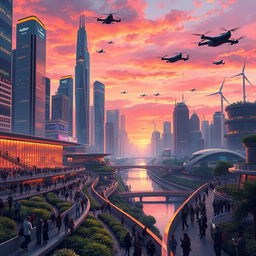 An advanced and intricate illustration of a futuristic city skyline at sunset