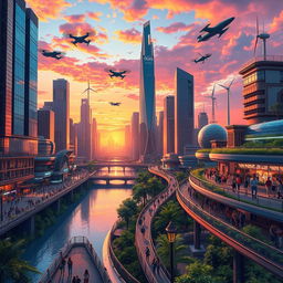 An advanced and intricate illustration of a futuristic city skyline at sunset
