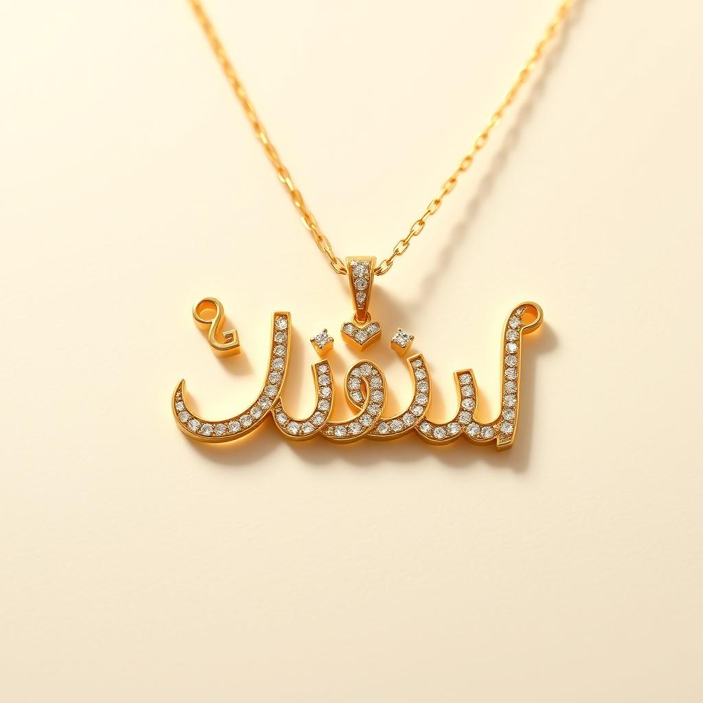 A beautiful necklace featuring the name 'عسل' (Asal) elegantly designed with intricate calligraphy in Persian style, the pendant is made of gold, sparkling with small diamonds