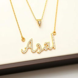 A beautiful necklace featuring the name 'عسل' (Asal) elegantly designed with intricate calligraphy in Persian style, the pendant is made of gold, sparkling with small diamonds