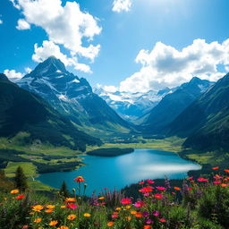A breathtaking mountain landscape featuring towering peaks covered in snow, lush green valleys below, and a bright blue sky dotted with fluffy white clouds