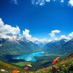 A breathtaking mountain landscape featuring towering peaks covered in snow, lush green valleys below, and a bright blue sky dotted with fluffy white clouds
