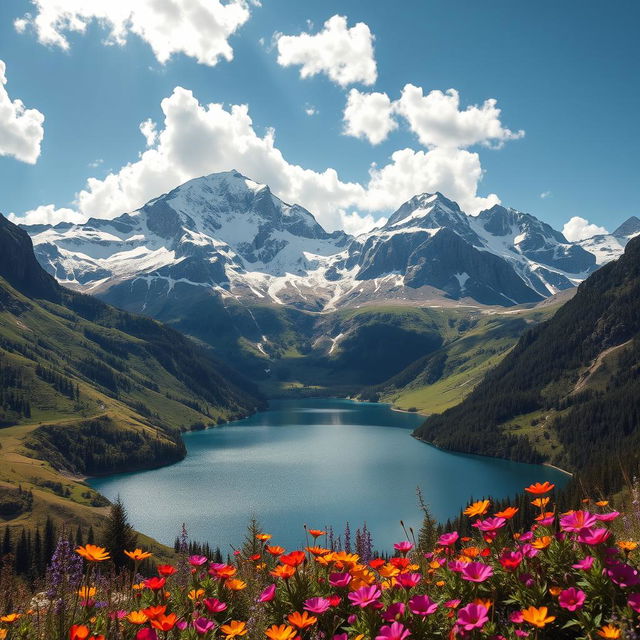 A breathtaking mountain landscape featuring towering peaks covered in snow, lush green valleys below, and a bright blue sky dotted with fluffy white clouds