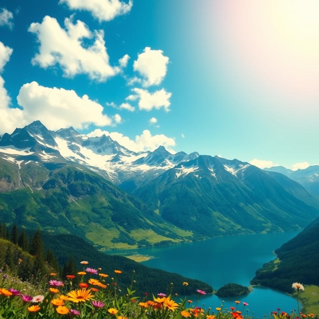 A breathtaking mountain landscape featuring towering peaks covered in snow, lush green valleys below, and a bright blue sky dotted with fluffy white clouds