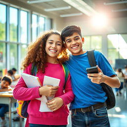 Two friends in a bright, lively school environment, showcasing a strong bond of friendship