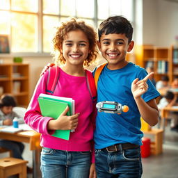 Two friends in a bright, lively school environment, showcasing a strong bond of friendship