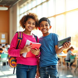 Two friends in a bright, lively school environment, showcasing a strong bond of friendship