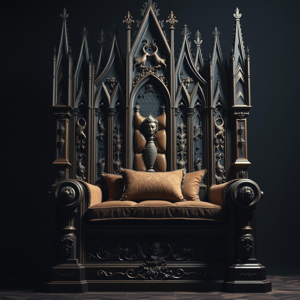 A large, majestic throne adorned with intricate Gothic details, featuring ornate carvings, pointed arches, and towering spires