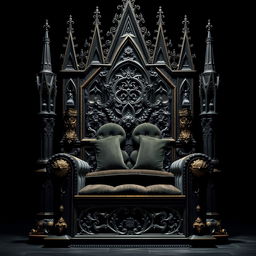 A large, majestic throne adorned with intricate Gothic details, featuring ornate carvings, pointed arches, and towering spires