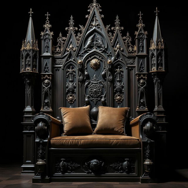 A large, majestic throne adorned with intricate Gothic details, featuring ornate carvings, pointed arches, and towering spires