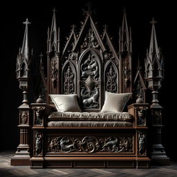 A large, majestic throne adorned with intricate Gothic details, featuring ornate carvings, pointed arches, and towering spires