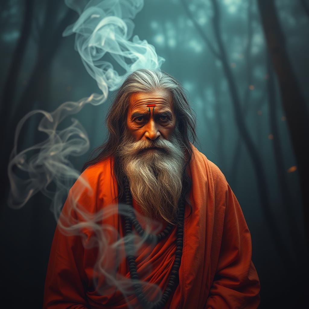 A mystical scene depicting a Sadhu Baba, an Indian ascetic, with a deep expression of wisdom and sorrow